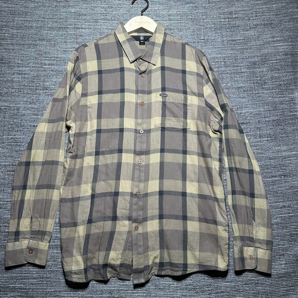 Volcom Shirt Men's Large Brown Plaid Long Sleeve Button Up - Picture 3 of 14